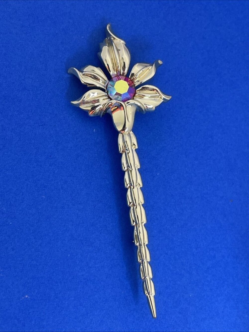 Vintage Emmons Pink Rhinestone Floral Brooch Scepter Staff Pin Gold-tone